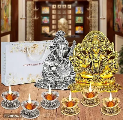 International Gift Silver Ganesh with Sitar Instrument Statue with Golden Hanuman Statue Oxidized Finish with Luxury Velvet Box Pack and Beautiful Carry Bag and 6 pics Diya Set