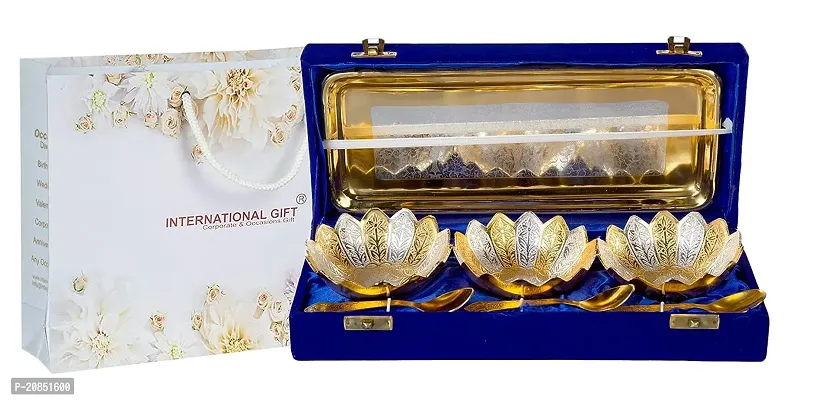 INTERNATIONAL GIFT German Silver and Gold Brass Bowl Set (300 ml) with Embossed Tray and 3 Spoon, Golden Box -Set of 7 Pieces