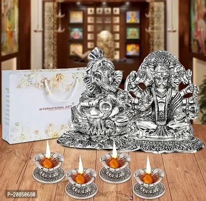 International Gift Silver Panchmukhi Hanuman and Ganesh with Shehanais Instrument Statue with Luxury Velvet Box Pack and Beautiful Carry Bag and 4 pics Hand Diya Set Showpiece for Home Decor