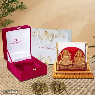 International Gift? Golden Laxmi Ganesh Statue with 2 Pics Puja Diya with Agarbatti Incense Stick Stand with Beautiful Gift Box Packing and with Carry Bag