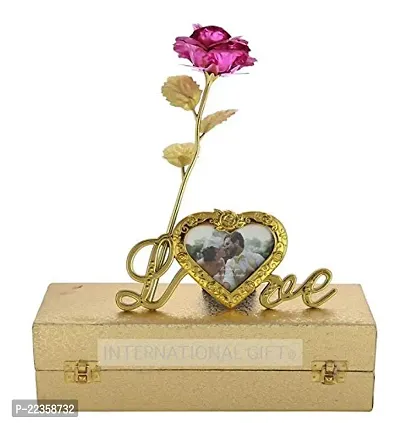 International Gift Pink Plastic Pink Rose Flower With Leaf With Heart Photo Frame Love Shape Stand And Luxury Gift Box
