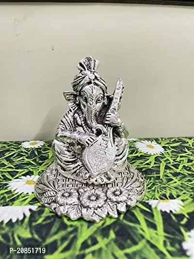 International Gift Silver Musical Ganesha Idol with Sitar with Luxury Velvet Box Pack Decorative Pieces (12 cm, Silver)-thumb0