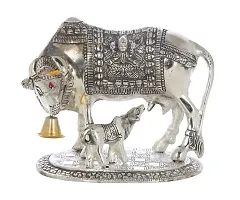 International Gift Silver Aluminum Laxmi Ganesh Kamdhenu Cow And Calf, 6.5 X 20 X 14 Cm-thumb1