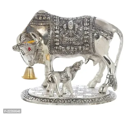 International Gift Silver Aluminum Laxmi Ganesh Kamdhenu Cow And Calf, 6.5 X 20 X 14 Cm-thumb2