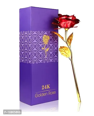 Red Rose Flower with Golden Leaf with Gift Box with Carry Bag-thumb0