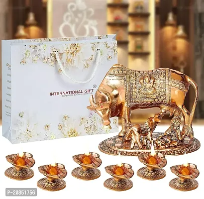 International Gift Copper Kamdhenu Cow with Calf and Laddu Gopal with 6 Pics Diya Set with Luxury Velvet Box Pack and Beautiful Carry Bag