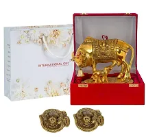 International Gift Gold Metal Kamdhenu Cow With Calf Idol With Om Diya With Beautiful Red Box Packing With Carry Bag, 6.5H X 20W X 14L Cm-thumb2