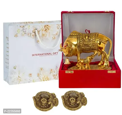 International Gift Gold Metal Kamdhenu Cow With Calf Idol With Om Diya With Beautiful Red Box Packing With Carry Bag, 6.5H X 20W X 14L Cm-thumb3