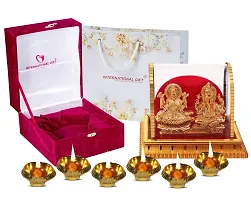 International Gift Gold Metal Laxmi Ganesh Statue With Puja Laxmi Ganesh Diya With Box Packing With Carry Bag-thumb1