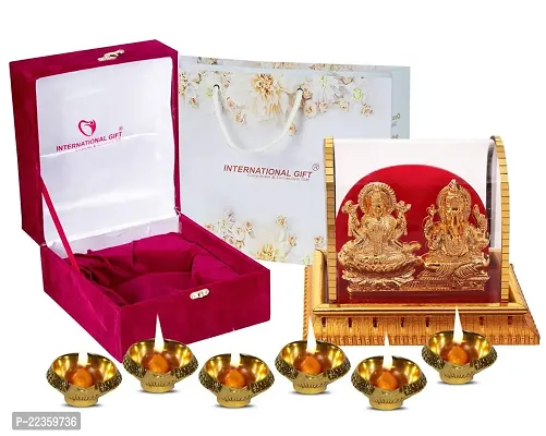 International Gift Gold Metal Laxmi Ganesh Statue With Puja Laxmi Ganesh Diya With Box Packing With Carry Bag-thumb2