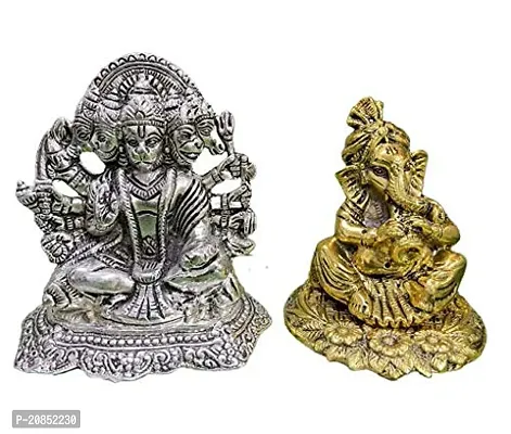 International Gift Silver 5 Mukhi Hanuman Ji  Golden Ganesha God Idol With Luxury Velvet Box Pack Decorative Piece (12 Cm, Silver)