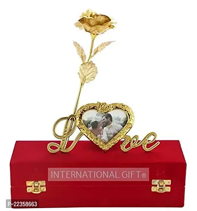 International Gift Gold Plastic Rose Flower With Leaf With Heart Photo Frame Love Shape Stand And Luxury Red Gift Box