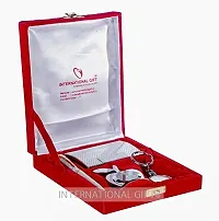 International Gift Silver Pen, Business Card Holder, Key Ring with Apple Shape Clock in Velvet Box Pack-thumb2