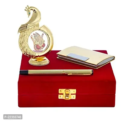 lrm;International Gift Gold Metal Blue Pen With Business Card Holder And Peacock Shape Pagdi Ganesh Idol Car Dashboard
