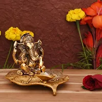 Gold Brass Leaf Ganesh With Diya God Idol Statue With Luxury Velvet Box Packing-thumb3