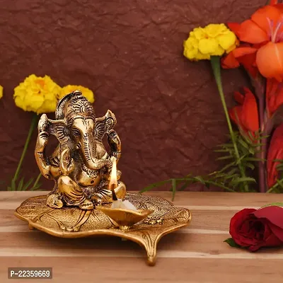 Gold Brass Leaf Ganesh With Diya God Idol Statue With Luxury Velvet Box Packing-thumb4