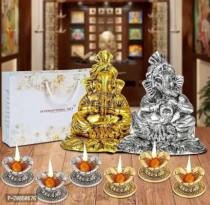 International Gift Silver Ganesh with Shehanais and Golden Ganesh with Cymbal Instrument Statue Oxidized Finish with Luxury Velvet Box Pack and Beautiful Carry Bag and 6 pics Diya Set