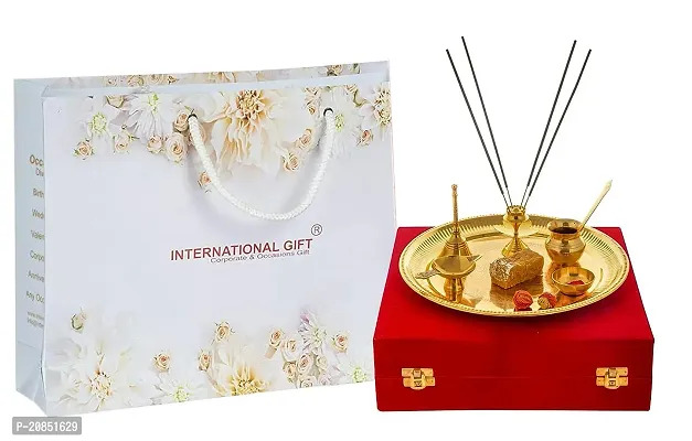 International Gift Gold Plated Pooja Thali with Luxury Velvet Box Pack and Beautiful Carry Bag