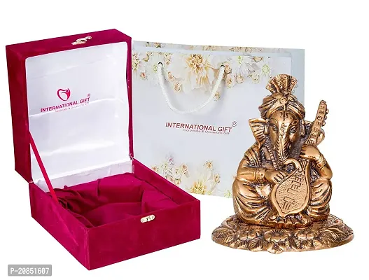 International Gift Copper Metal Ganesh Idol with Sitar with Royal Luxury Red Velvet Box and Beautiful Carry Bag Showpiece for Home Decor and Festival Gift