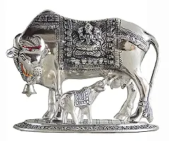 International Gift Silver Metal Kamdhenu Cow With Calf Statue Figurine With Laxmi Ganesh Diya With Box With Carry Bag, 17H X 22W X 14L Cm-thumb1
