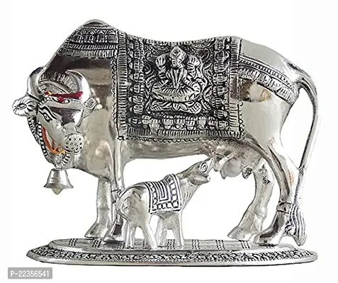 International Gift Silver Metal Kamdhenu Cow With Calf Statue Figurine With Laxmi Ganesh Diya With Box With Carry Bag, 17H X 22W X 14L Cm-thumb2