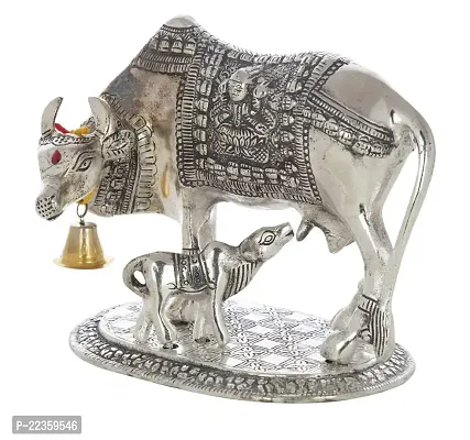 International Gift Silver Aluminum Laxmi Ganesh Kamdhenu Cow And Calf, 6.5 X 20 X 14 Cm-thumb3