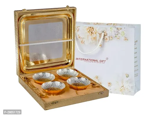 International Gift Silver  Golden Bowl Set with Embossed Tray and Spoon, 300 Ml Each Bowl Full Brass with Red/Blue/Golden Box