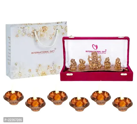 International Gift Brown Metal Musical Ganesh God Idol Statue With Designer Diya With Box With Carry Bag, 8H X 28W X 6L Cm