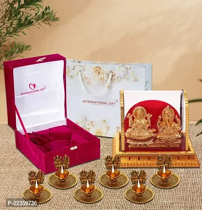 International Gift Gold Metal Laxmi Ganesh Statue With Puja Laxmi Ganesh Diya With Box Packing With Carry Bag-thumb0