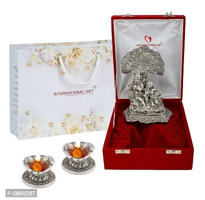 International Gift Radha Krishna with Velvet Box (Silver with 2 Hand Diya)-thumb0