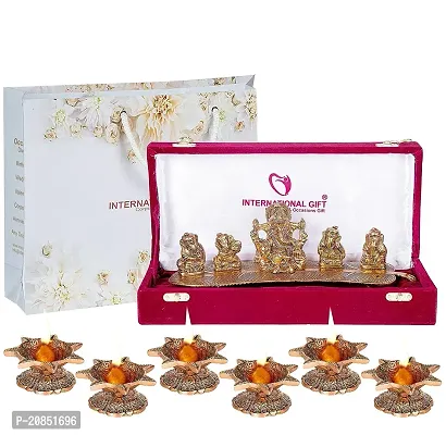 International Gift Copper Musical Ganesh Statue with 6 Pics Jyot Set with Luxury Velvet Box Pack and Beautiful Carry Bag Showpiece for Home Deacute;cor and Festival Gift