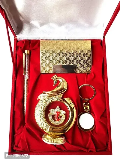 International Gift Gold Metal Pen With Visiting Card Holder With Key Ring And Ganesh Idol With Velvet Box