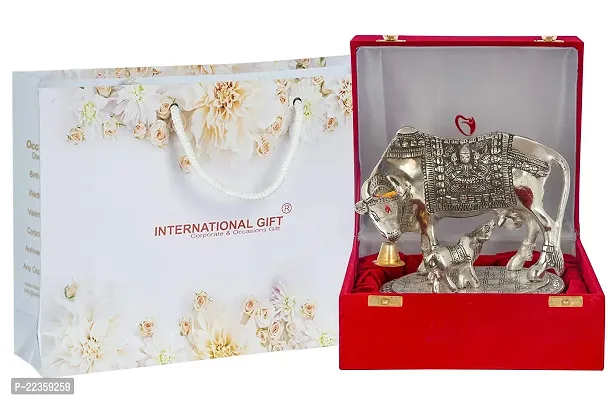 International Gift Silver Aluminum Kamdhenu Cow Statue With Box And Carry Bag,, 6.5 X 20 X 14 Cm