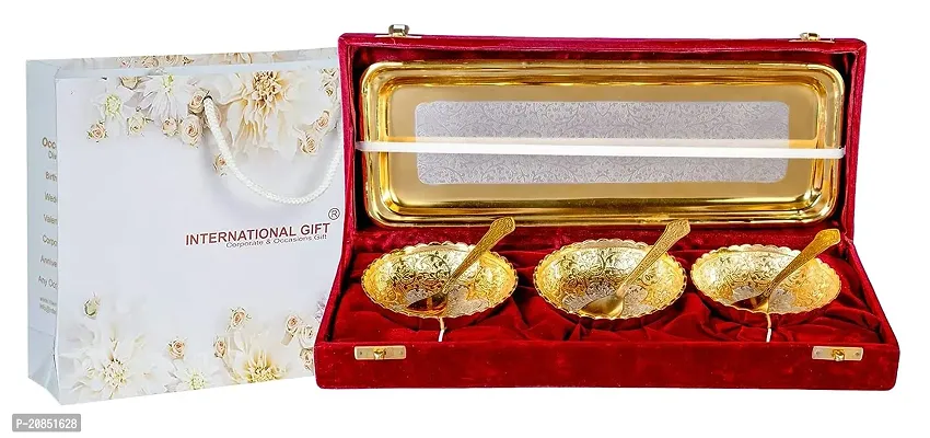 International Gift German Silver Brass Round Bowl Set with Tray and Spoon with Royal Royal Luxury Velvet Box Pack Used for Dry Fruit, Sweets and Home Decor