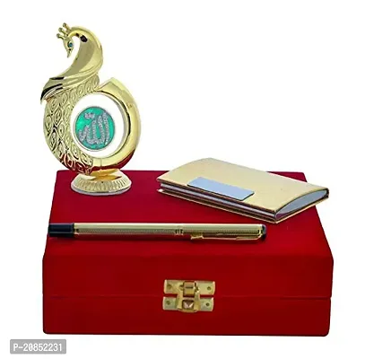 Gold Blue Pen with Business Card Holder and Gold Peacock Shape Allah God Idol Car Dashboard and Home Temple-thumb0