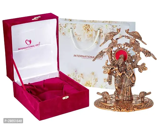 International Gift Copper Radha Krishna Tree Idol with Royal Luxury Red Velvet Box and Beautiful Carry Bag Showpiece for Home Decor and Festival Gift