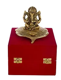 International Gift Gold Silver -Plated Ganesha With Diya Idol With Luxury Velvet Box Pack-thumb3