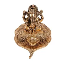 Gold Brass Leaf Ganesh With Diya God Idol Statue With Luxury Velvet Box Packing-thumb1