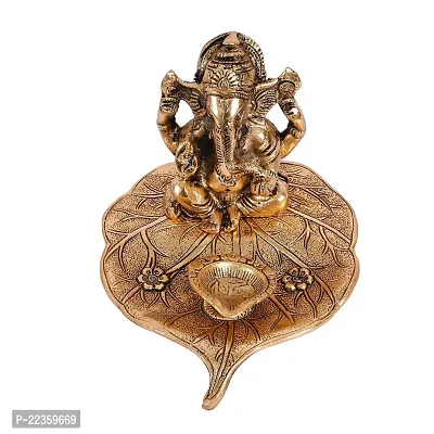 Gold Brass Leaf Ganesh With Diya God Idol Statue With Luxury Velvet Box Packing-thumb2