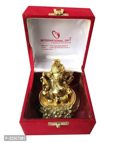 International Gift Gold Metal Pagdi Ganesh God Idol Statue With Beautiful Velvet Box Packing And With Carry Bag, 10H X 8W X 8L Cm-thumb0