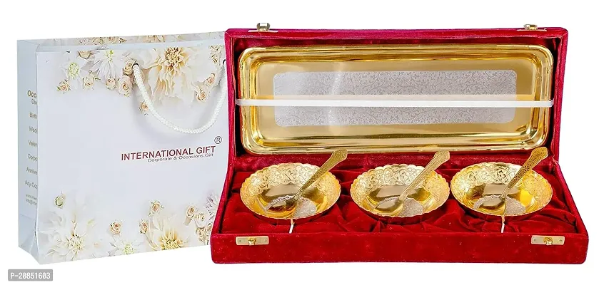 International Gift German Silver Brass Round Bowl Set with Tray and Spoon with Royal Royal Luxury Velvet Box Pack Used for Dry Fruit, Sweets and Home Decor