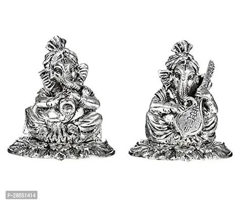 International Gift Silver Ganesha Idol with Shehanais and Sitar with Royal Royal Luxury Velvet Box Pack and Beautiful Carry Bag (12 cm, Silver)-thumb0