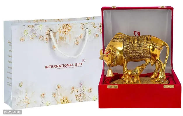 International Gift Gold Silver -Plated Kamdhenu Cow With Calf Idol With Beautiful Red Velvet Box Packing And With Carry Bag, 6.5H X 20W X 14L Cm