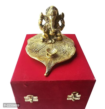 Gold Brass Leaf Ganesh With Diya God Idol Statue With Luxury Velvet Box Packing