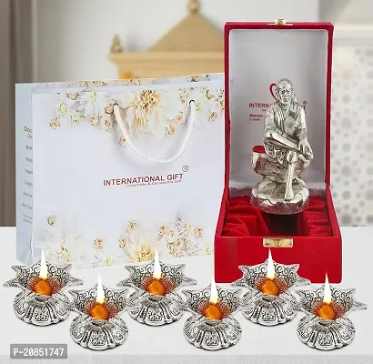 International Gift Aluminium Sai Baba Statue Oxidized Finish with Luxury Velvet Box Pack and Beautiful Carry Bag Showpiece for Home Decor (Silver, Standard Diya) - Set of 6 Pics