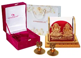 International Gift Gold Metal Laxmi Ganesh Statue With Puja Laxmi Ganesh Diya With Box Packing With Carry Bag-thumb2