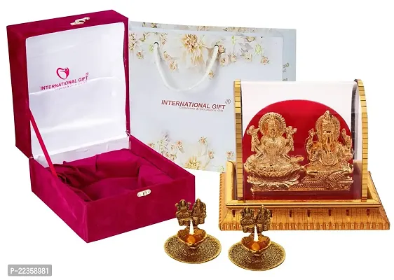 International Gift Gold Metal Laxmi Ganesh Statue With Puja Laxmi Ganesh Diya With Box Packing With Carry Bag-thumb3