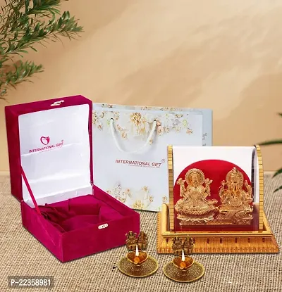 International Gift Gold Metal Laxmi Ganesh Statue With Puja Laxmi Ganesh Diya With Box Packing With Carry Bag-thumb0