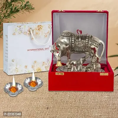 International Gift Silver Metal Kamdhenu Cow With Calf Idol With Designer Diya With Beautiful Red Box Packing With Carry Bag, 6.5H X 20W X 14L Cm