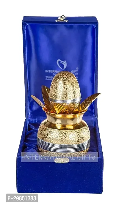 International Gift Golden Designer Mangal Kalash with Mango Leaves and Coconut with Beautiful Velvet Box and Carry Bag (Brass, 15 cm X 15 cm X 19 cm)